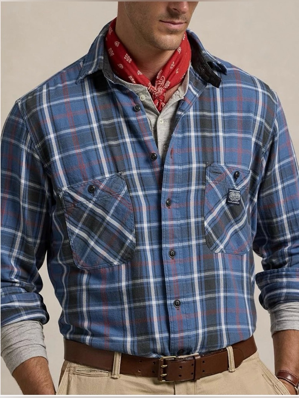 Ralph Lauren Denim Supply Blue Plaid Button-Down Shirt with Red Accent